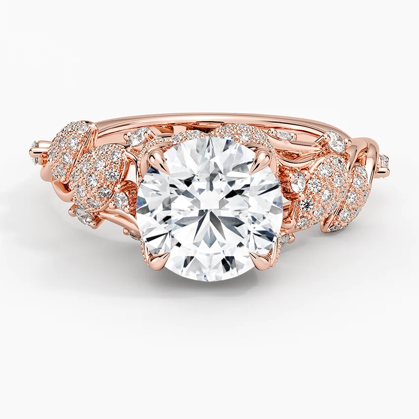 Vintage Floral Diamond Engagement Ring, Round Cut Center Stone, Leaf Inspired Pave Band
