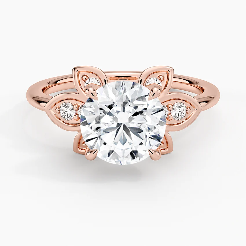 Floral Petal Diamond Engagement Ring, Round Cut Center, Nature Inspired Leaf Design