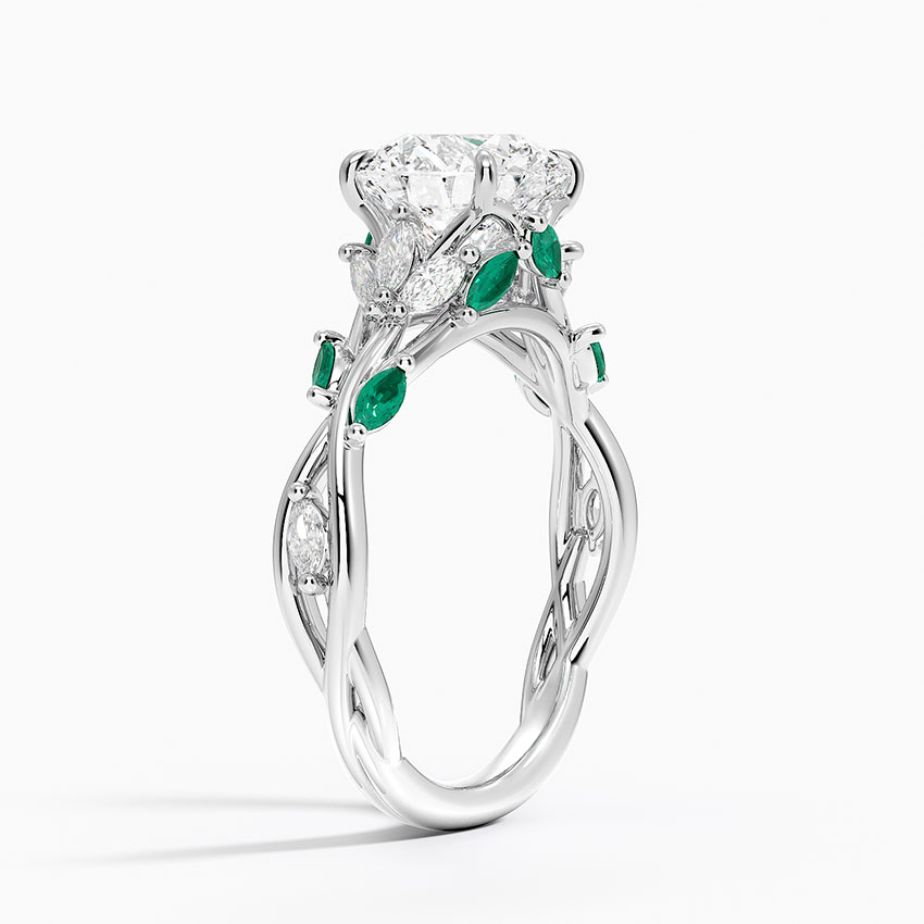 Vintage Nature Inspired Round Cut Moissanite Engagement Ring, Emerald Leaf Vine Ring, Solid Gold Floral Bridal Ring, Unique Wedding Ring