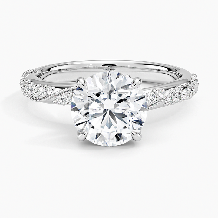Twisted Vine Moissanite Engagement Ring, Round Cut Solitaire Diamond Ring, Vintage Inspired Pave Band