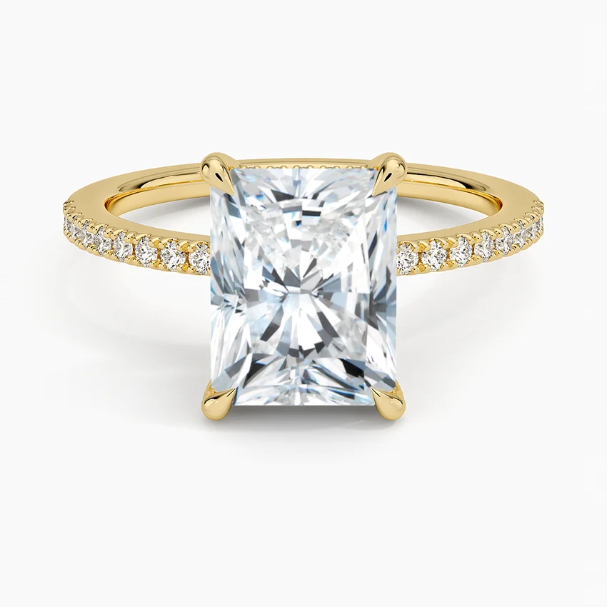 Radiant Cut Diamond Engagement Ring, Hidden Halo Pavé Band Ring, Thin Gold Solitaire Ring
