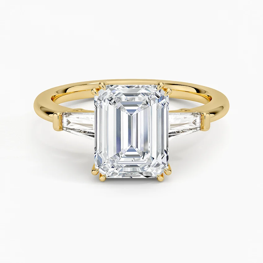 Emerald Cut Diamond Engagement Ring, Tapered Baguette Side Stones, Minimalist Three Stone Ring