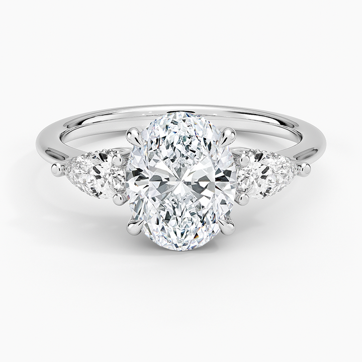 Oval Cut Diamond Engagement Ring, Three Stone Pear Side Diamond Ring