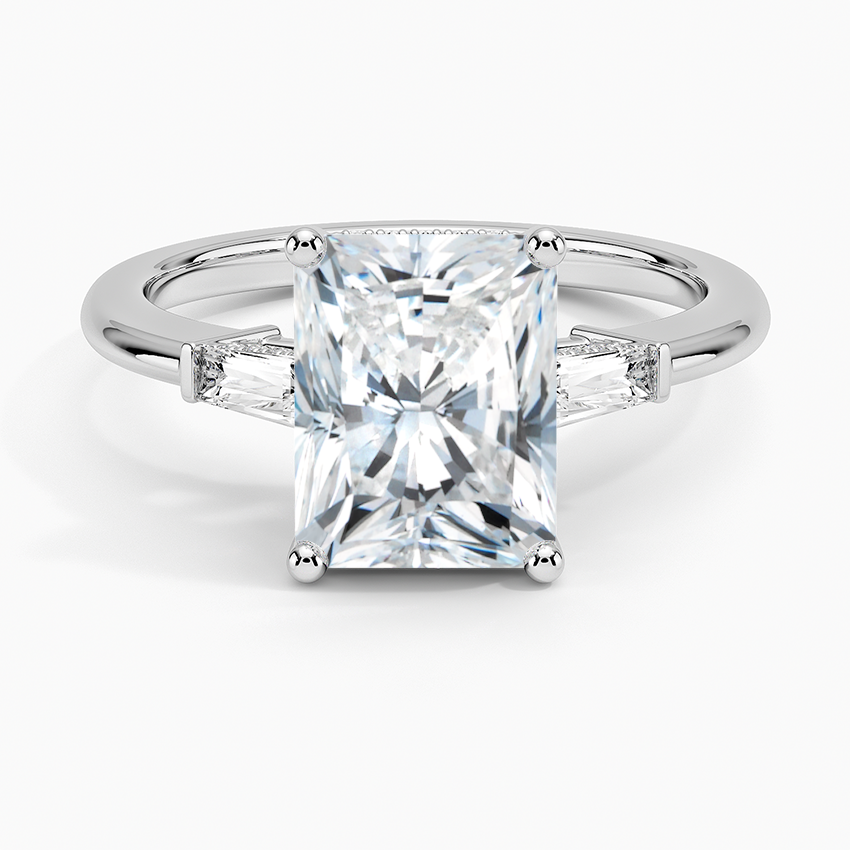Radiant Cut Solitaire Engagement Ring with Tapered Side Stones, Elegant 3 Stone Diamond Ring