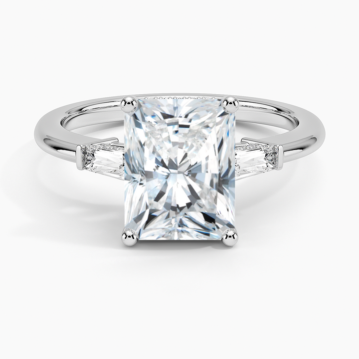 Radiant Cut Solitaire Engagement Ring with Tapered Side Stones, Elegant 3 Stone Diamond Ring