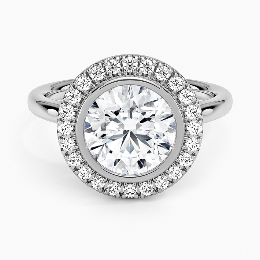 Round Brilliant Cut Diamond Halo Engagement Ring, Classic Bezel Halo Ring, Bridal Promise Ring