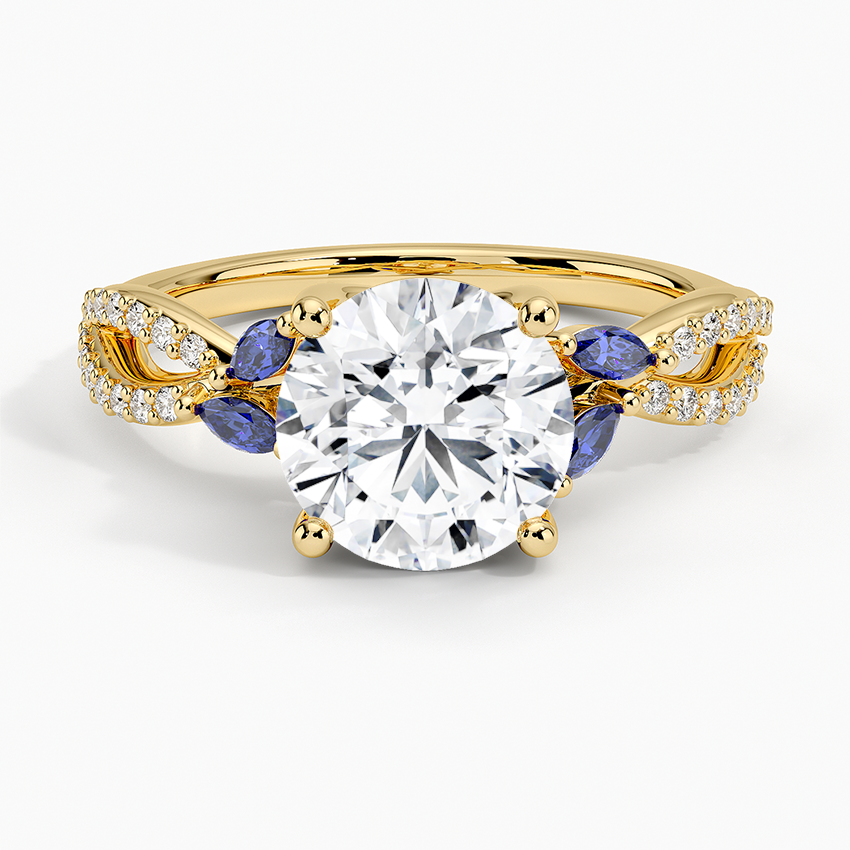 Blue Sapphire & Round Cut Moissanite Engagement Ring, Split Shank Diamond Ring, Vintage Floral Inspired Bridal Ring