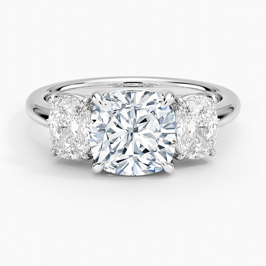 3 Stone Cushion Cut Diamond Engagement Ring, Hidden Halo Cushion Ring, Solid Gold Promise Ring