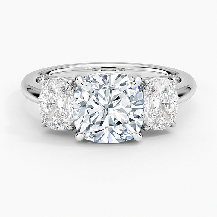3 Stone Cushion Cut Diamond Engagement Ring, Hidden Halo Cushion Ring, Solid Gold Promise Ring