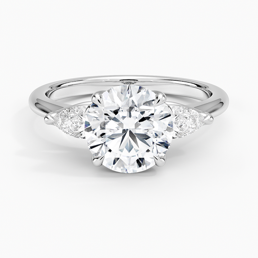Round Cut Diamond Engagement Ring with Marquise Side Stones, Three Stone Bridal Ring