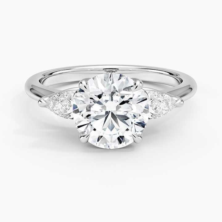 Round Cut Diamond Engagement Ring with Marquise Side Stones, Three Stone Bridal Ring
