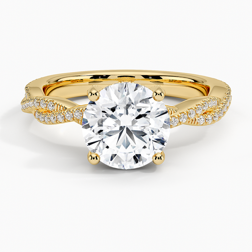 Twisted Pave Diamond Engagement Ring, Round Cut Solitaire Ring, Split Shank Gold Ring
