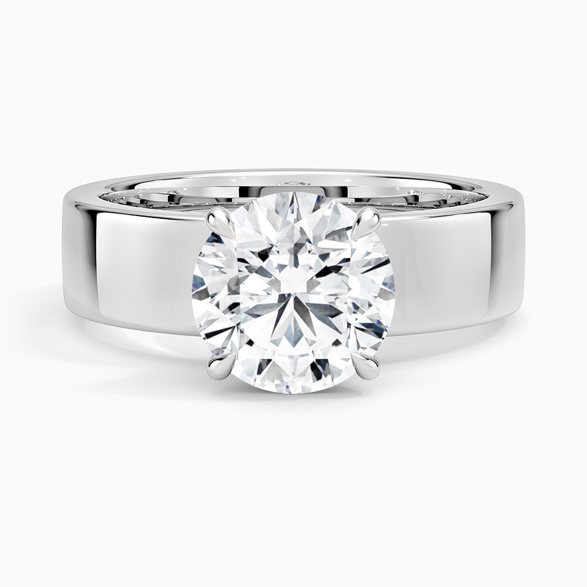 Round Cut Solitaire Engagement Ring, Wide Band Diamond Ring, Minimalist Bridal Ring