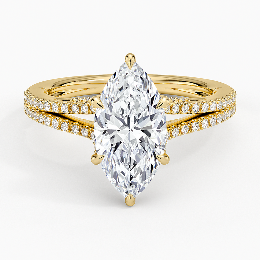 Marquise Cut Moissanite Engagement Ring, Split Shank Pave Diamond Ring, Unique Solitaire Promise Ring