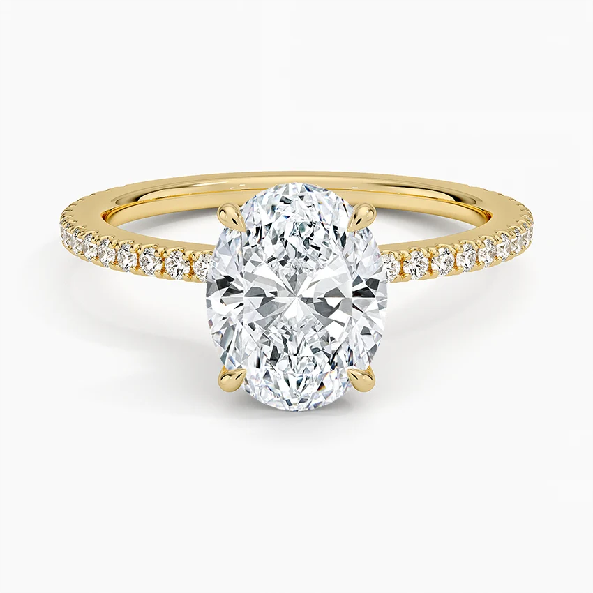 Oval Cut Diamond Engagement Ring, Hidden Halo Pavé Band, Solid Gold Ring