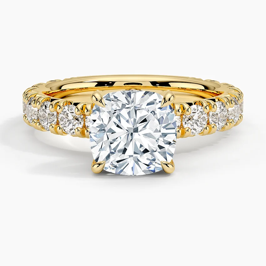 Cushion Cut Diamond Engagement Ring, Pave Diamond Band Ring, Solid Gold Promise Ring