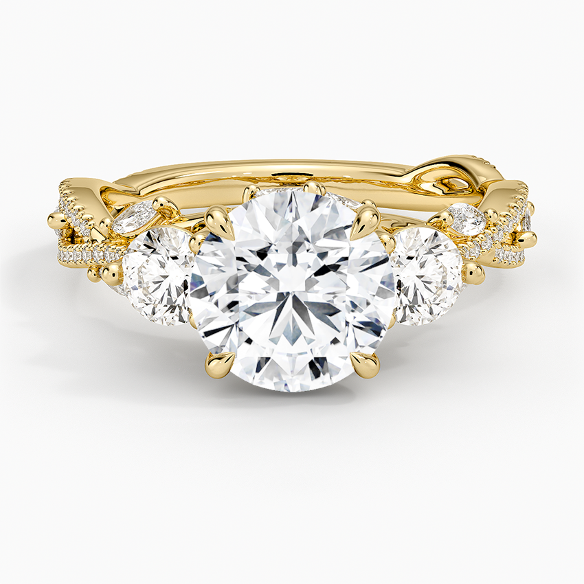 Three Stone Round Diamond Engagement Ring, Twisted Pavé Band Ring, Vintage Inspired Promise Ring
