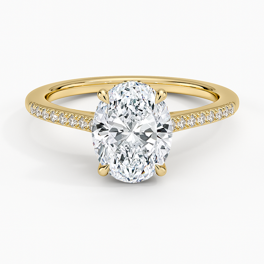 Oval Cut Diamond Engagement Ring, Pave Band Solitaire Ring, Minimalist Bridal Ring