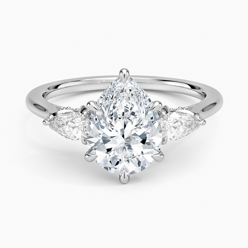 Pear Cut Moissanite Engagement Ring, Three Stone Ring, Solid Gold Ring, Marquise Side Stones, Minimalist Bridal Ring, Promise Ring for Women