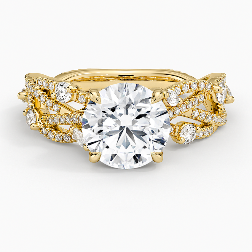 Vintage Inspired Round Cut Moissanite Engagement Ring, Twisted Vine Diamond Band, Floral Split Shank Ring
