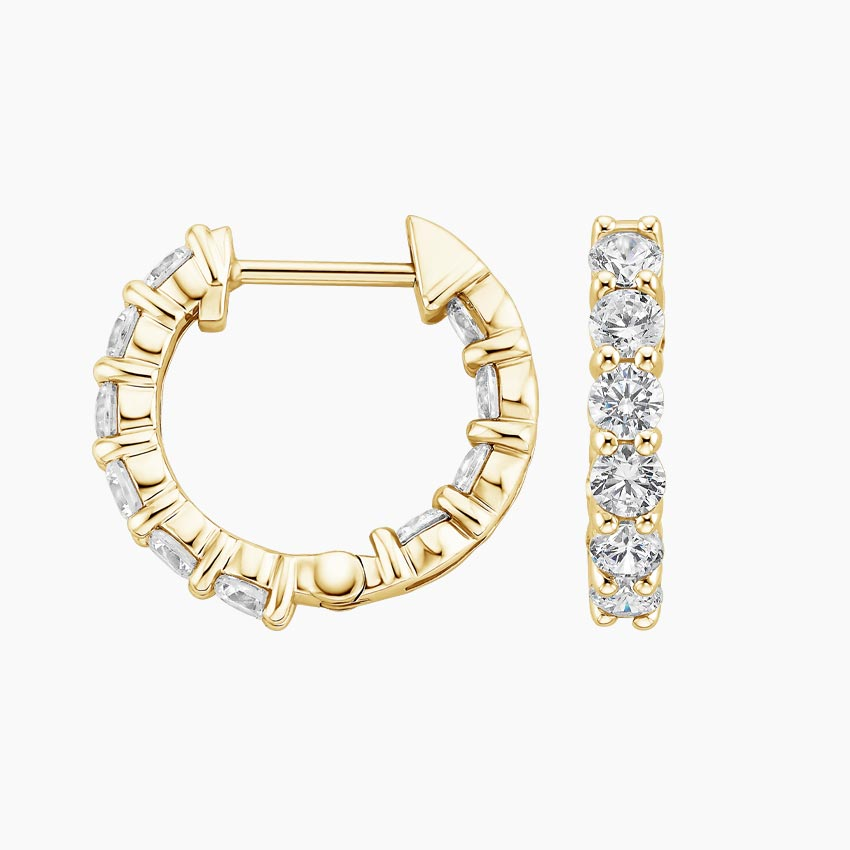 Round Brilliant Diamond Huggie Hoop Earrings, Minimalist Gold & White Gold Everyday Hoops