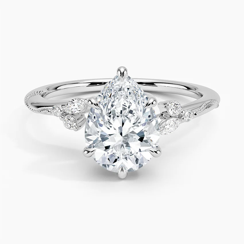 Pear Cut Moissanite Engagement Ring, Floral Cluster Diamond Ring, Vintage Inspired Solitaire Ring