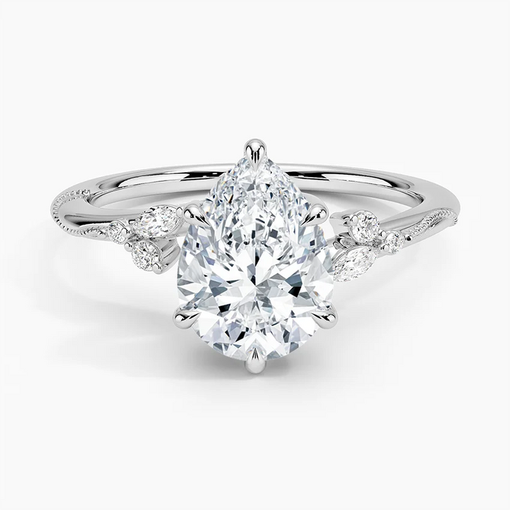 Pear Cut Moissanite Engagement Ring, Floral Cluster Diamond Ring, Vintage Inspired Solitaire Ring