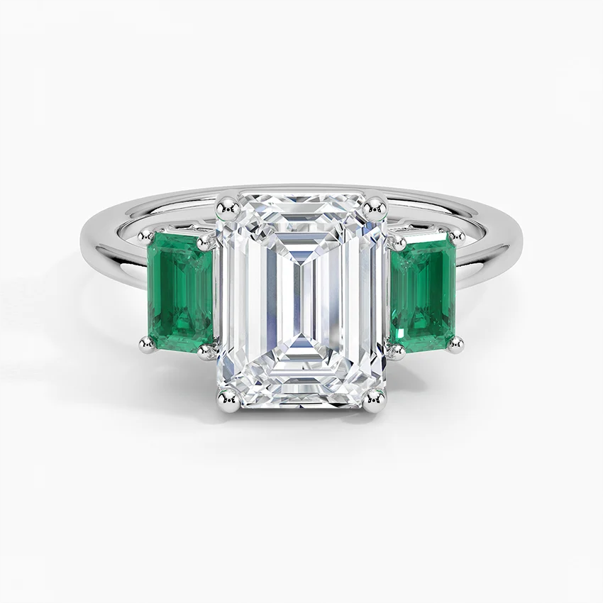 Emerald Cut Diamond Three Stone Ring with Green Emerald Side Stones,Solid Gold Engagement Ring