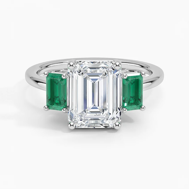 Emerald Cut Diamond Three Stone Ring with Green Emerald Side Stones,Solid Gold Engagement Ring
