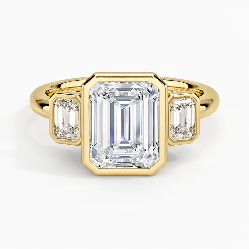 Emerald Cut Diamond Engagement Ring, Bezel Set Three Stone Ring, Step Cut Side Stones