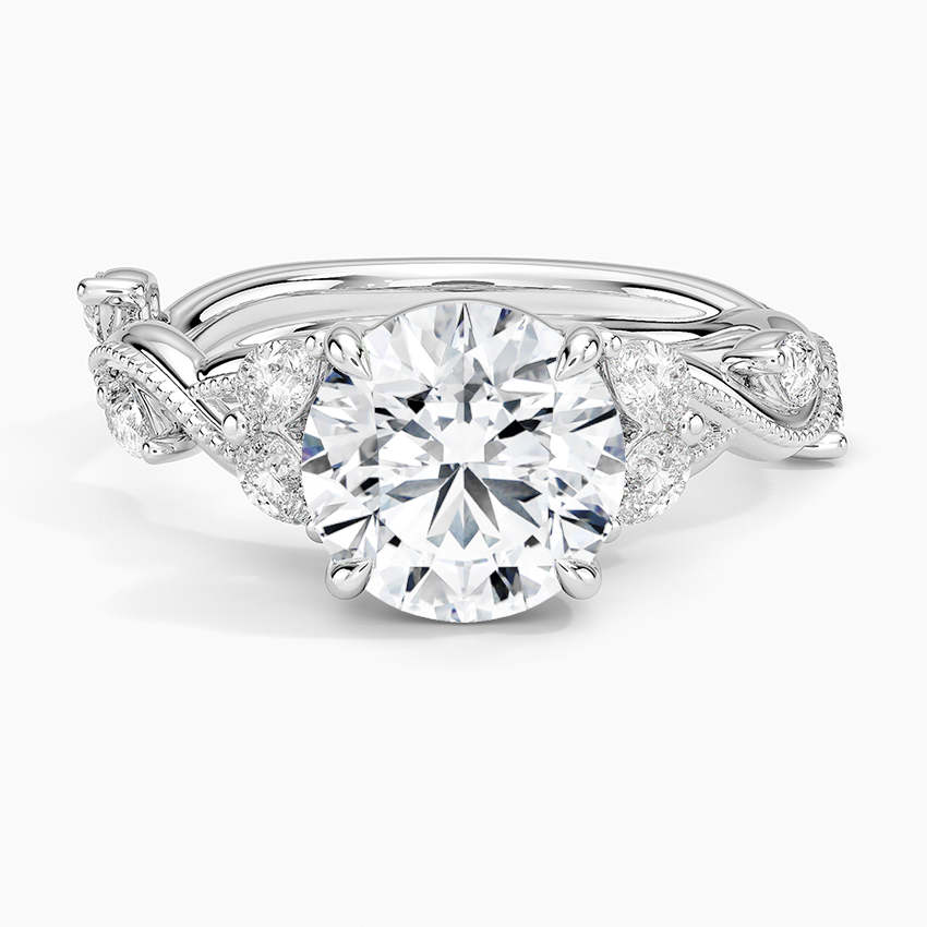 Round Cut Moissanite Engagement Ring, Twisted Pavé Diamond Band, Vintage Inspired Bridal Ring