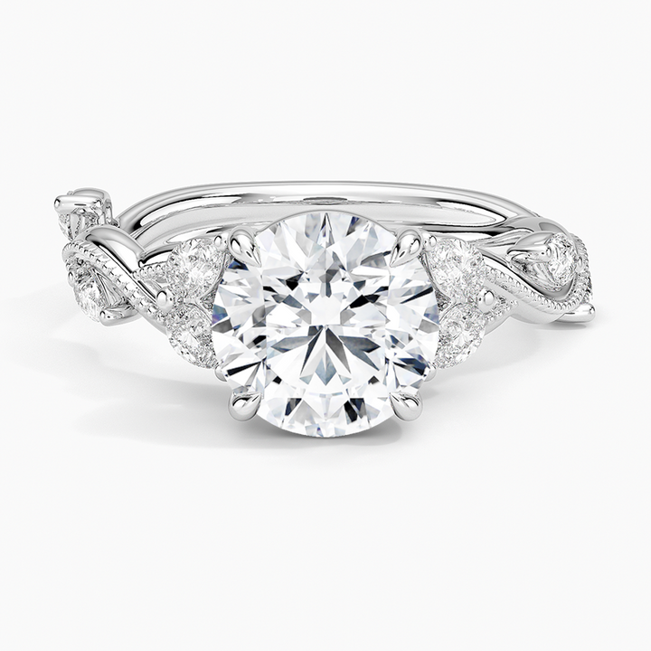 Round Cut Moissanite Engagement Ring, Twisted Pavé Diamond Band, Vintage Inspired Bridal Ring