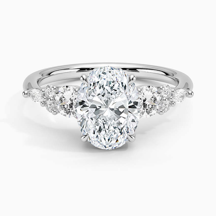 Oval Cut Diamond Engagement Ring, Three Stone Diamond Ring, Side Stone Bridal Ring
