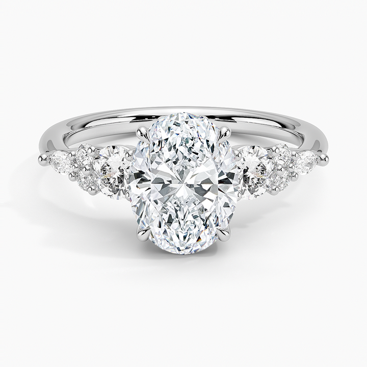 Oval Cut Diamond Engagement Ring, Three Stone Diamond Ring, Side Stone Bridal Ring
