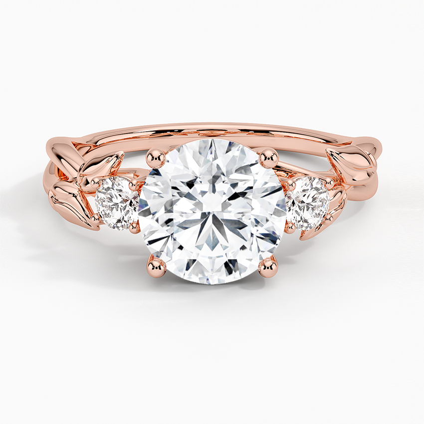 Nature-Inspired Round Cut Diamond Engagement Ring,Leaf Vine Three Stone Ring, Solid Gold Promise Ring for Women