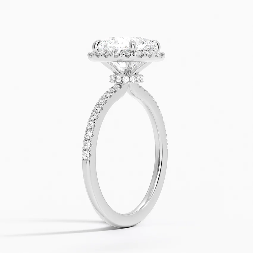 Cushion Cut Halo Diamond Engagement Ring, Pave Band Wedding Ring, Classic Bridal Ring