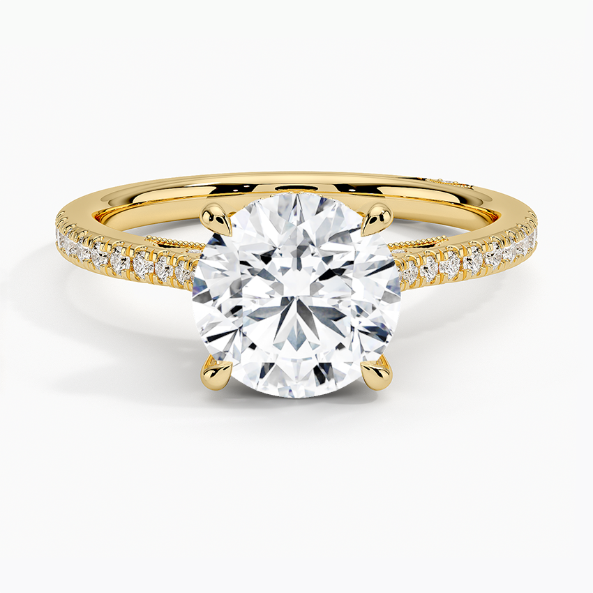 Round Cut Solitaire Diamond Engagement Ring with Pavé Band, Promise Ring, Minimalist Bridal Jewelry