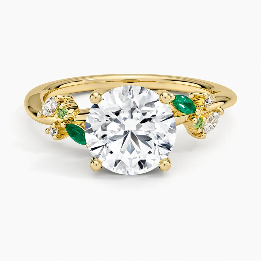 Round Cut Moissanite Engagement Ring with Emerald Leaf Side Stones, Nature Inspired Bridal Ring, Solid Gold Solitaire Ring (Copy)