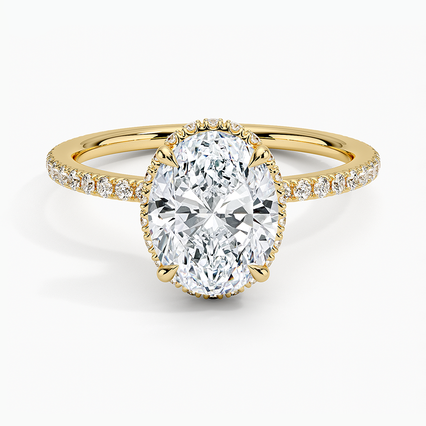 Oval Cut Diamond Engagement Ring, Hidden Halo Oval Ring, Pave Diamond Band Ring