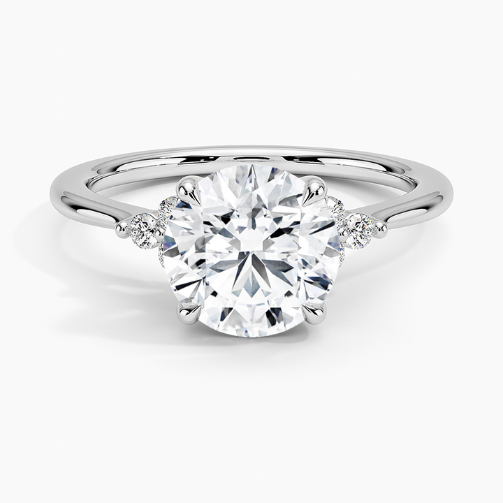 Classic Round Solitaire Diamond Ring with Side Accent Stones, Minimalist Engagement Ring