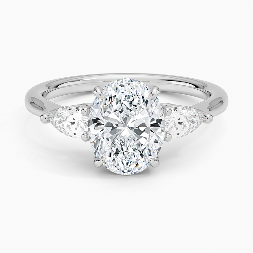 Oval Cut Diamond Engagement Ring with Pear Side Stones, Three Stone Ring, Solid Gold Promise Ring