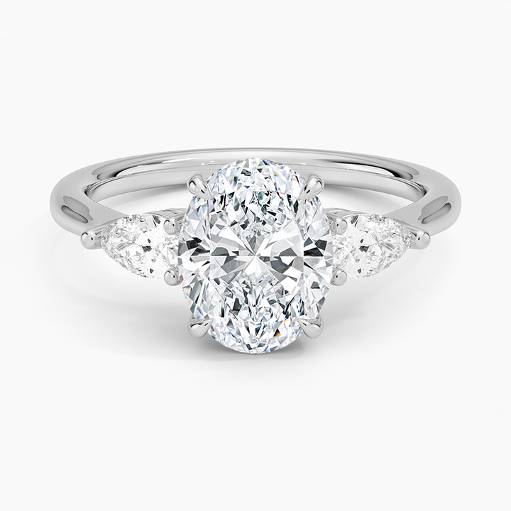 Oval Cut Diamond Engagement Ring with Pear Side Stones, Three Stone Ring, Solid Gold Promise Ring