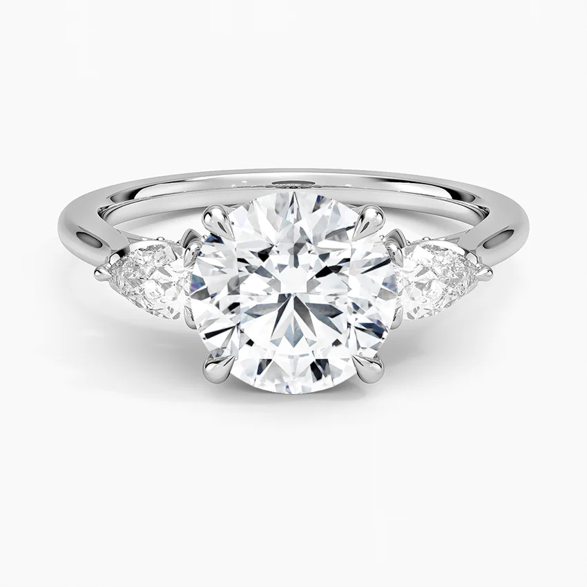 Round Cut Three-Stone Diamond Engagement Ring, Marquise Side Stones, Minimalist Bridal Ring