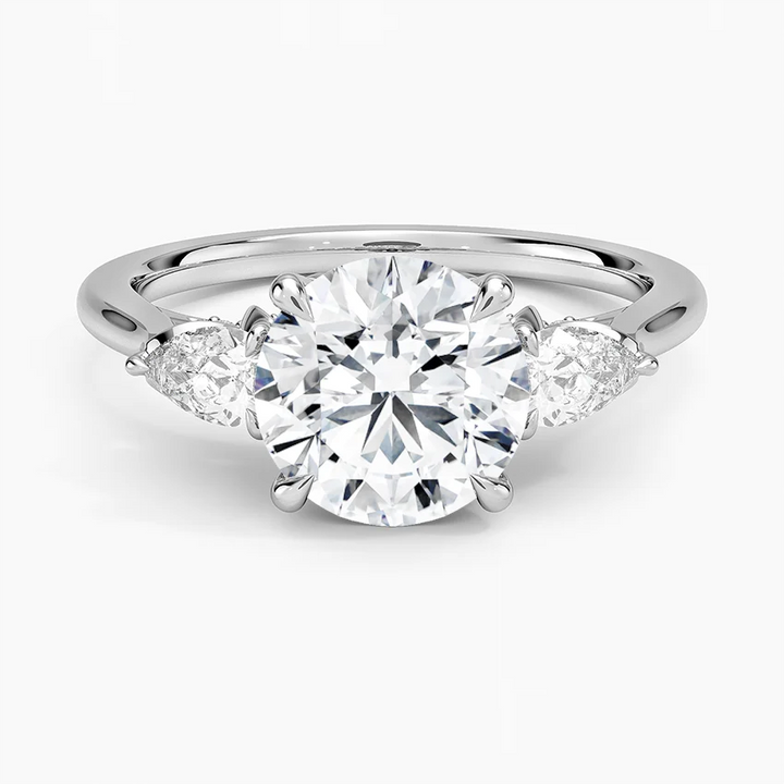 Round Cut Three-Stone Diamond Engagement Ring, Marquise Side Stones, Minimalist Bridal Ring