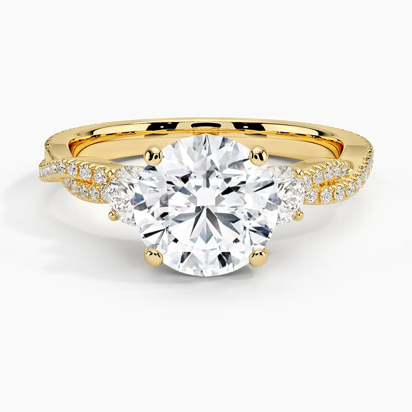 Three Stone Round Cut Diamond Engagement Ring, Twisted Pavé Band, Elegant Bridal Ring