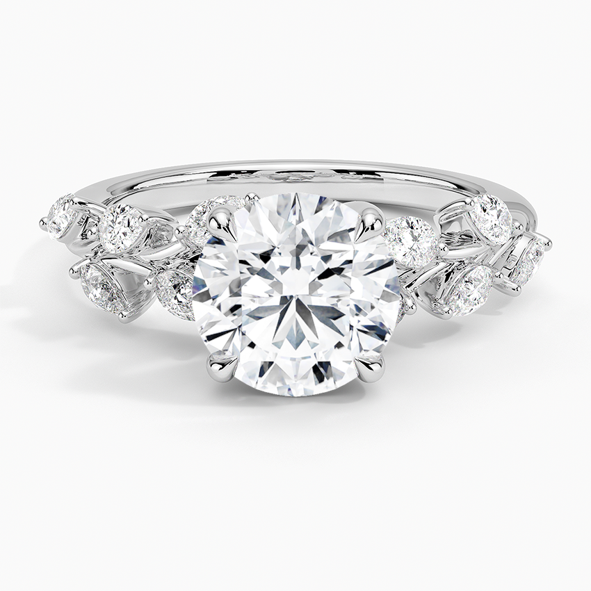 Round Cut Diamond Leaf Engagement Ring, Nature Inspired Floral Ring, Vintage Style Bridal Ring
