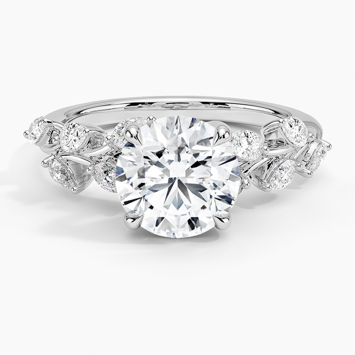 Round Cut Diamond Leaf Engagement Ring, Nature Inspired Floral Ring, Vintage Style Bridal Ring