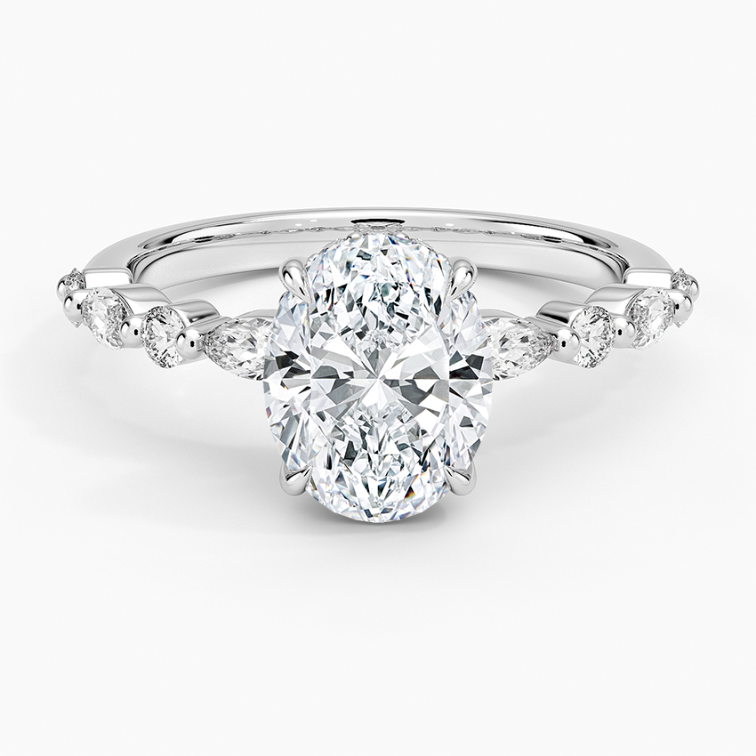 Oval Cut Diamond Engagement Ring with Marquise, Hidden Halo Solitaire Ring