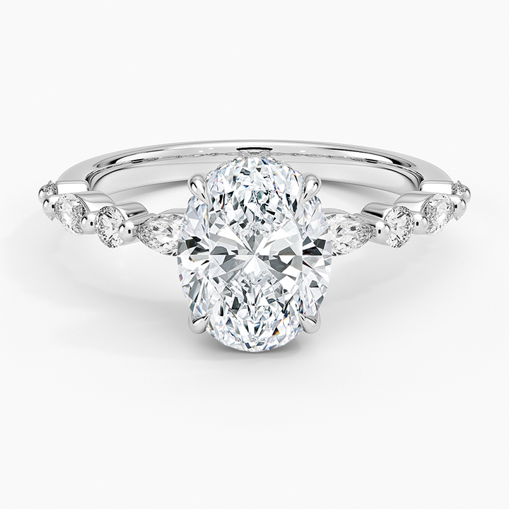 Oval Cut Diamond Engagement Ring with Marquise, Hidden Halo Solitaire Ring