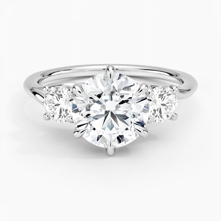 Three Stone Round Cut Diamond Engagement Ring, Solid Gold, Classic Trilogy Ring for Women